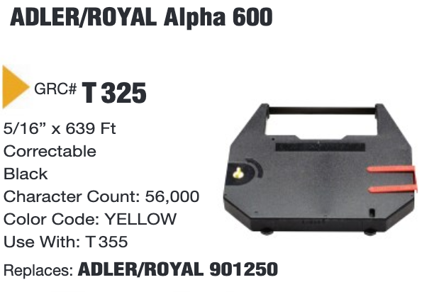 GRC Compatible Adler/Royal Alpha 600 Ink Ribbon (Black) (T325)